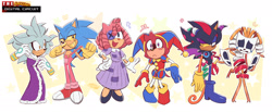 Size: 2048x845 | Tagged: safe, artist:galaxylover06, amy rose, barry the quokka, shadow the hedgehog, silver the hedgehog, sonic the hedgehog, tikal, echidna, hedgehog, alternate outfit, cosplay, dress, gloves, group, jester outfit, mask, overalls, quokka, robe, the amazing digital circus