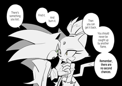 Size: 1850x1310 | Tagged: safe, artist:ssedgehog, blaze the cat, sonic the hedgehog, black background, duo, english text, greyscale, hand on another's chin, looking at each other, monochrome, simple background, speech bubble