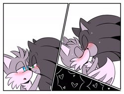 Size: 2000x1529 | Tagged: safe, artist:jhoycookie, miles "tails" prower, sonic the hedgehog, 2025, blushing, border, cute, duo, eyes closed, gay, greyscale, heart, kiss, lidded eyes, looking at each other, monochrome, panels, shipping, simple background, sonabetes, sonic x tails, spot color, standing, sweatdrop, tailabetes, white background