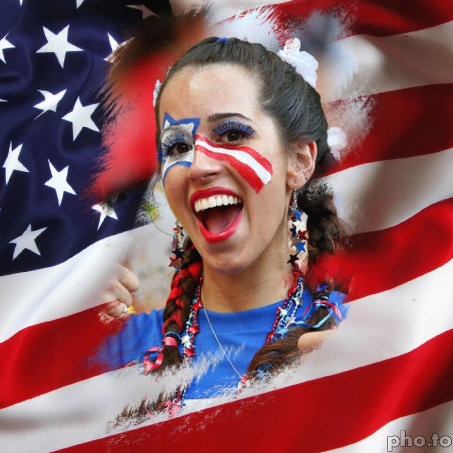 Patriotic American girl celebrates the 4th of July with USA face paint