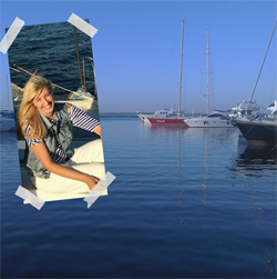 Attractive blonde girl takes a collage selfie when she sails in a yacht