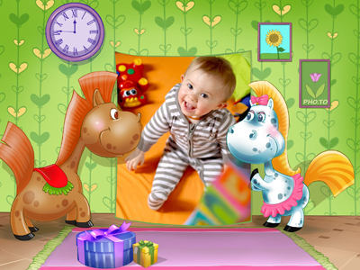 Cute photo frame for kids with cartoon horses