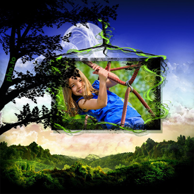 Magical photo frame with a green valley view for kids