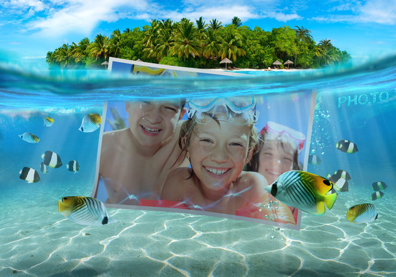 Greeting photo card with blue ocean waters for kids