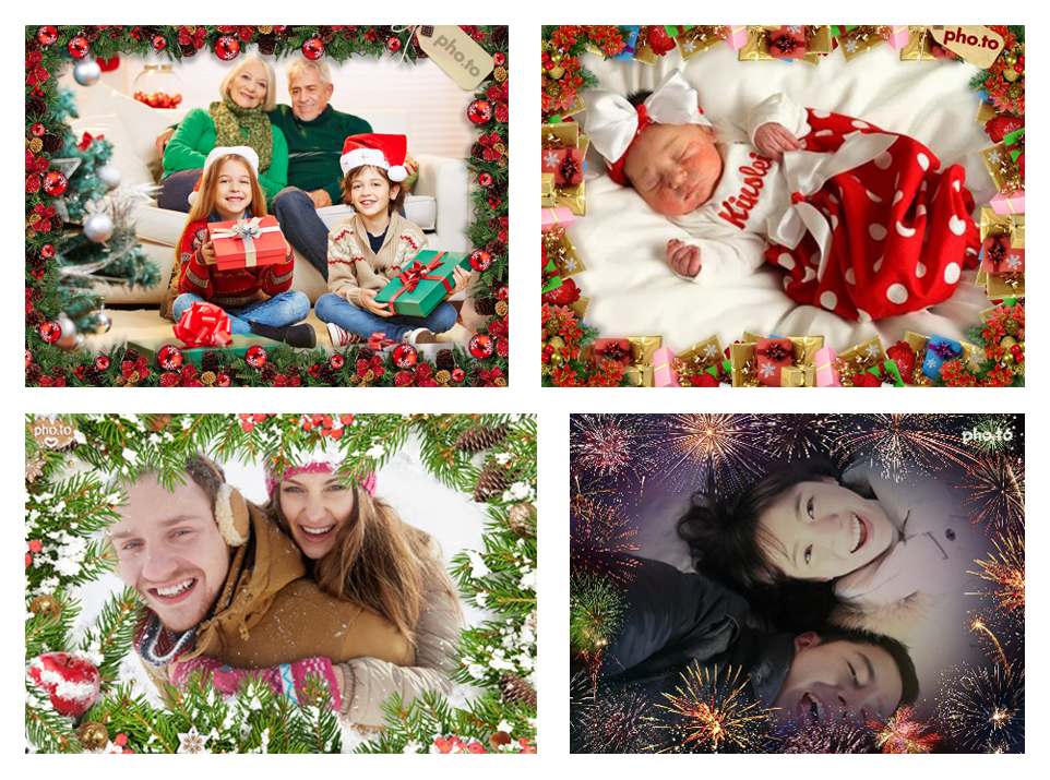 Christmas photo frames with fir trees, gifts, toys, lights and other holiday adornments