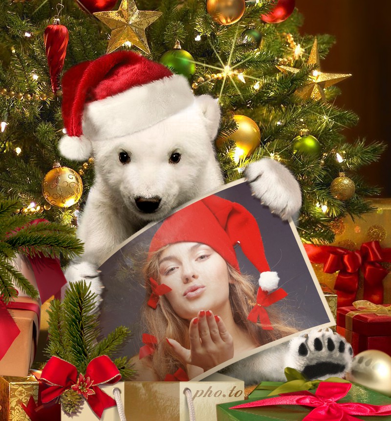 A Christmas photo frame which renders your photo into a new surrounding with white polar bear toy