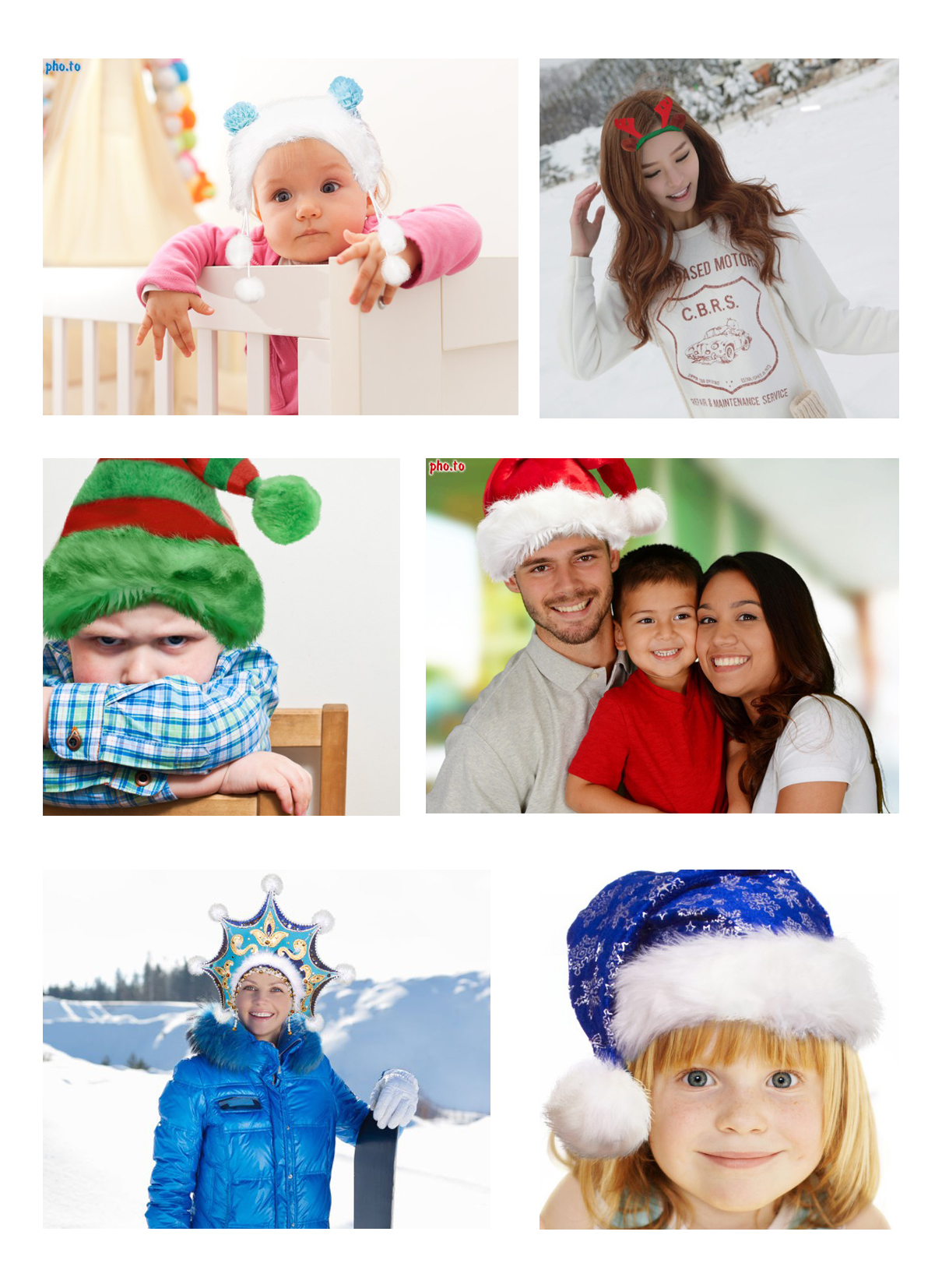 Christmas stickers with blue and red Santa hats, elf's hats and a snow maiden headwear to adorn your photos