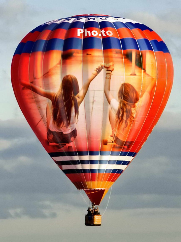 Photo collage of two girls placed on a red air balloon