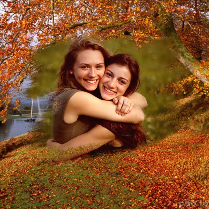 A collage with two smiling girls merged with autumn landscape