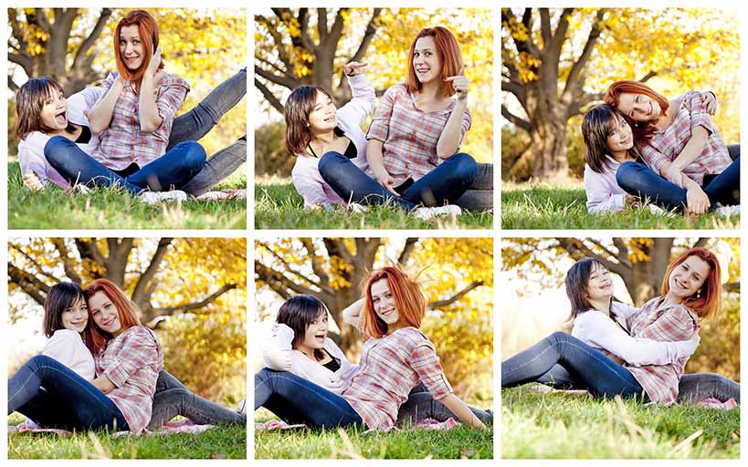 A photo shoot collage with many photos of two pretty girls