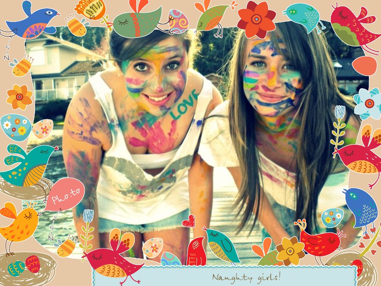 Two young girls in paint smile. Stylish photo frame is added.