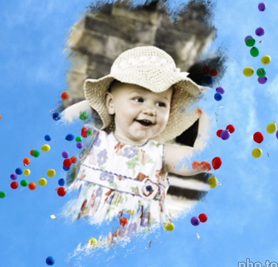 A photo collage with little kid and color balloons