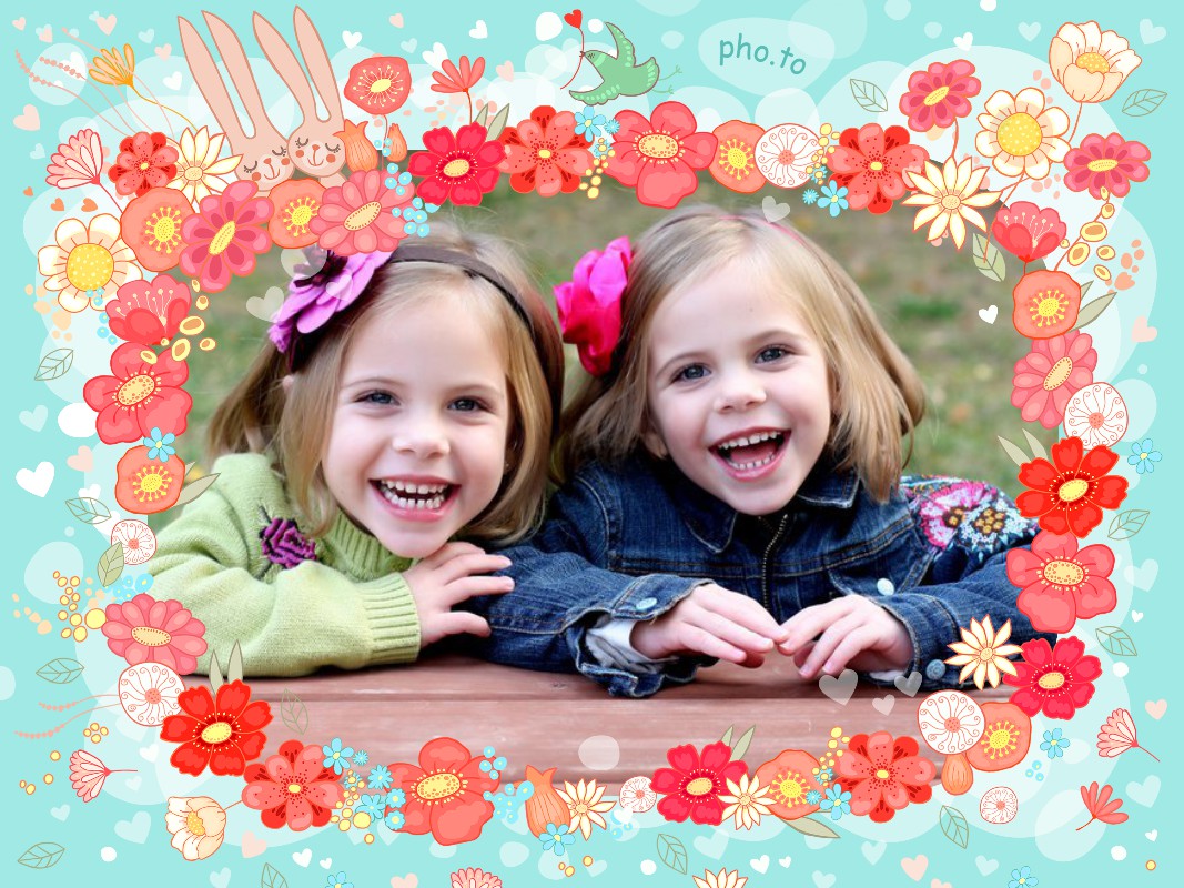 Photo of two little girls. Photo frame with cute rabbits is added