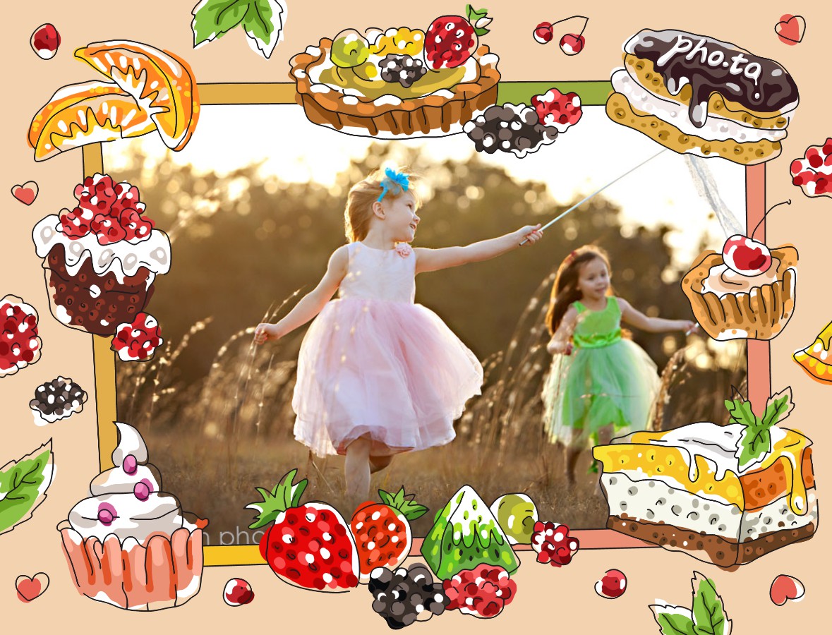 Photo of two little girls in beautiful dresses. Photo frame with yummy sweets is added