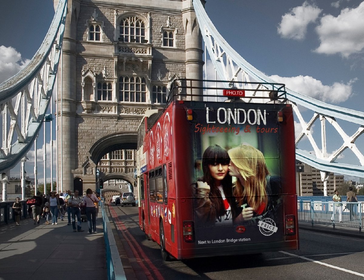 In the photo collage photo of two girls is added as a placard on London bus