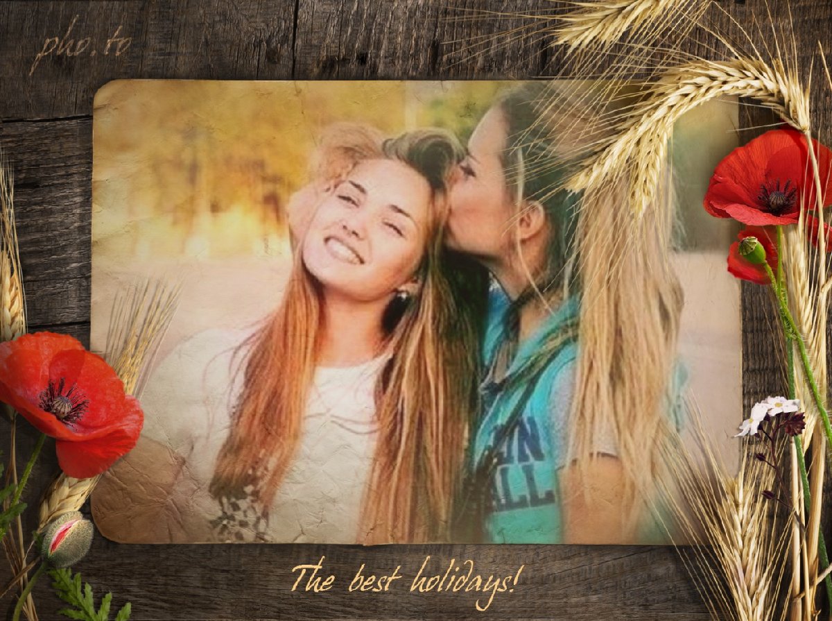 Photo of two pretty girls. Wooden photo frame with wild poppies and wheat ears is added