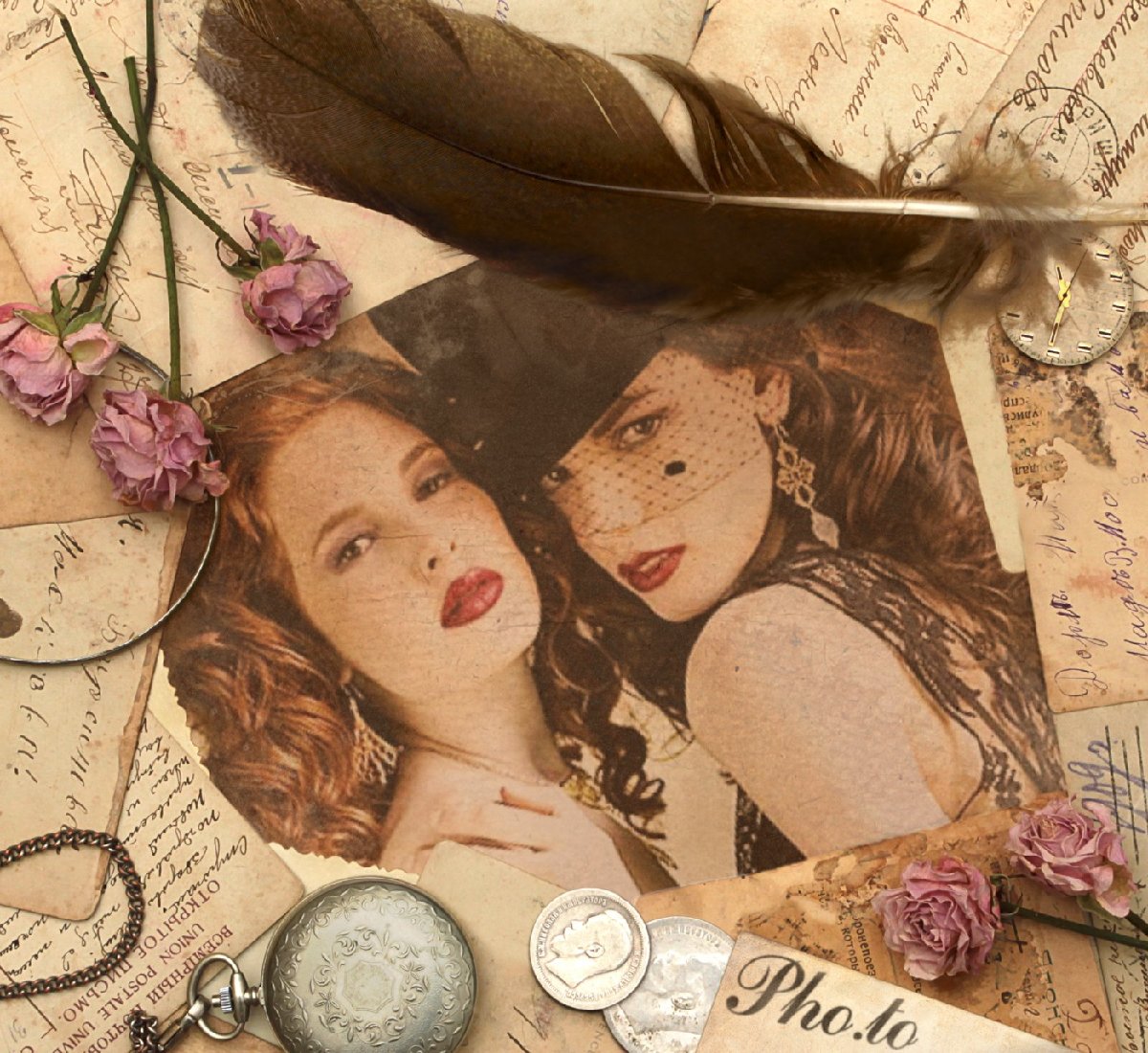 Retro photo of two girls with a vintage style photo frame