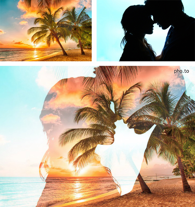 Use double exposure effect to create awesome and romantic blendings with silhouette photos of couples in love and amazing beach sunsets