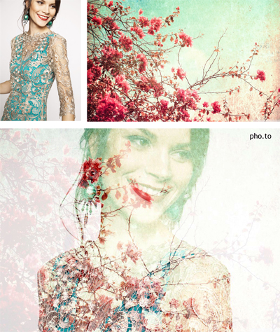 A beautiful double exposure image where pink and blue floral photo merged with a face portrait of attractive smiling woman