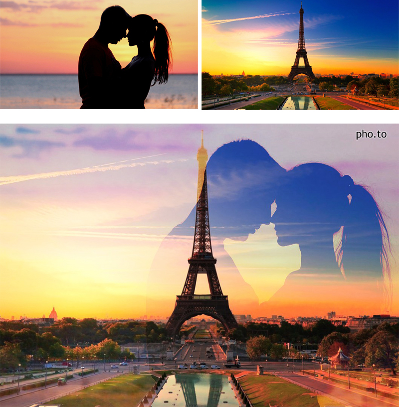 A double exposure effect was used to blend a silhouette photo of a kissing couple and a beautiful scenery of sunset in Paris with Eiffel Tower