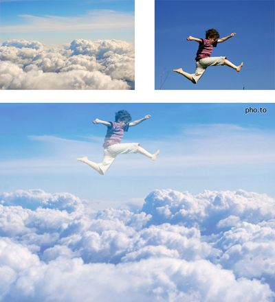 A double exposure effect used to create a photo of boy jumping higher than clouds