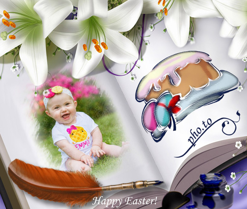 An DIY Easter photo card with colored egg and Easter cake drawn on an album