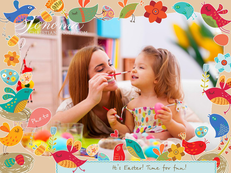 Easter photo frame with colored eggs and spring birds signing