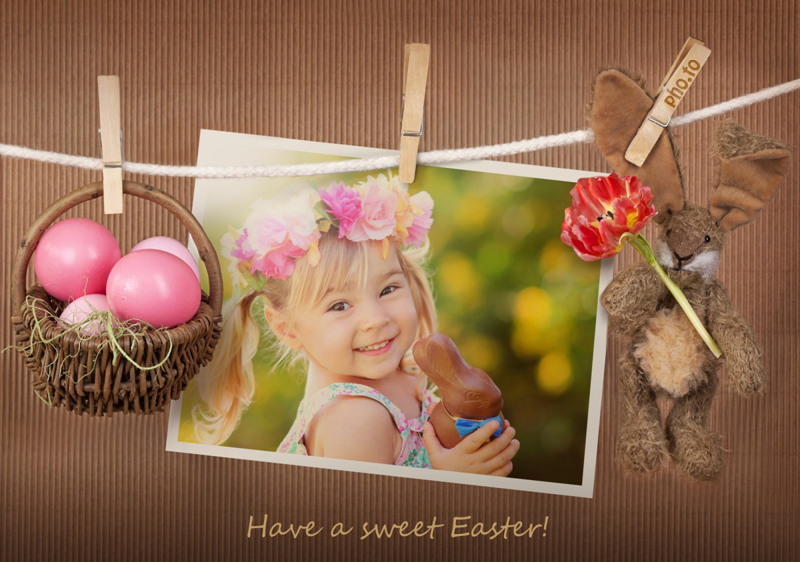 Cute Easter frame with bunny toy and a basket of colored eggs