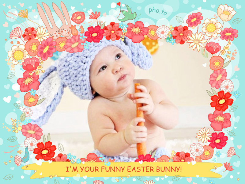 Love Easter frame with flowers and cartoon rabbits