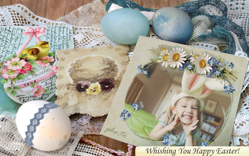 A traditional Easter photo card with vintage adornments