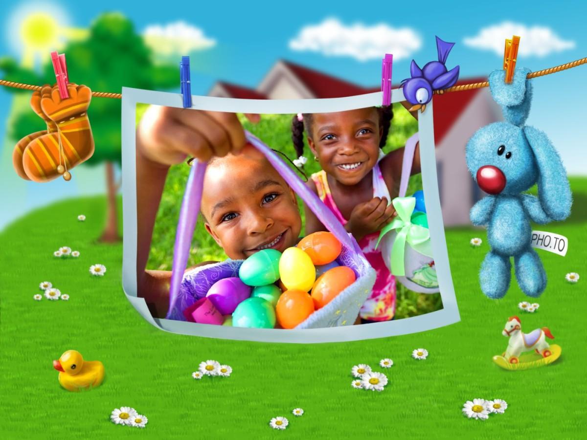 Children, showing baskets with eggs after Easter egg hunt