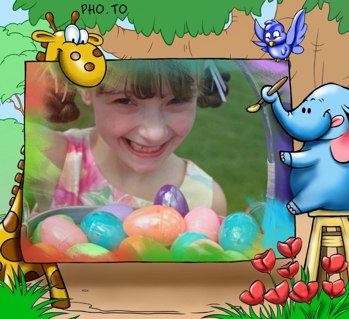 Girl with Easter eggs smiles