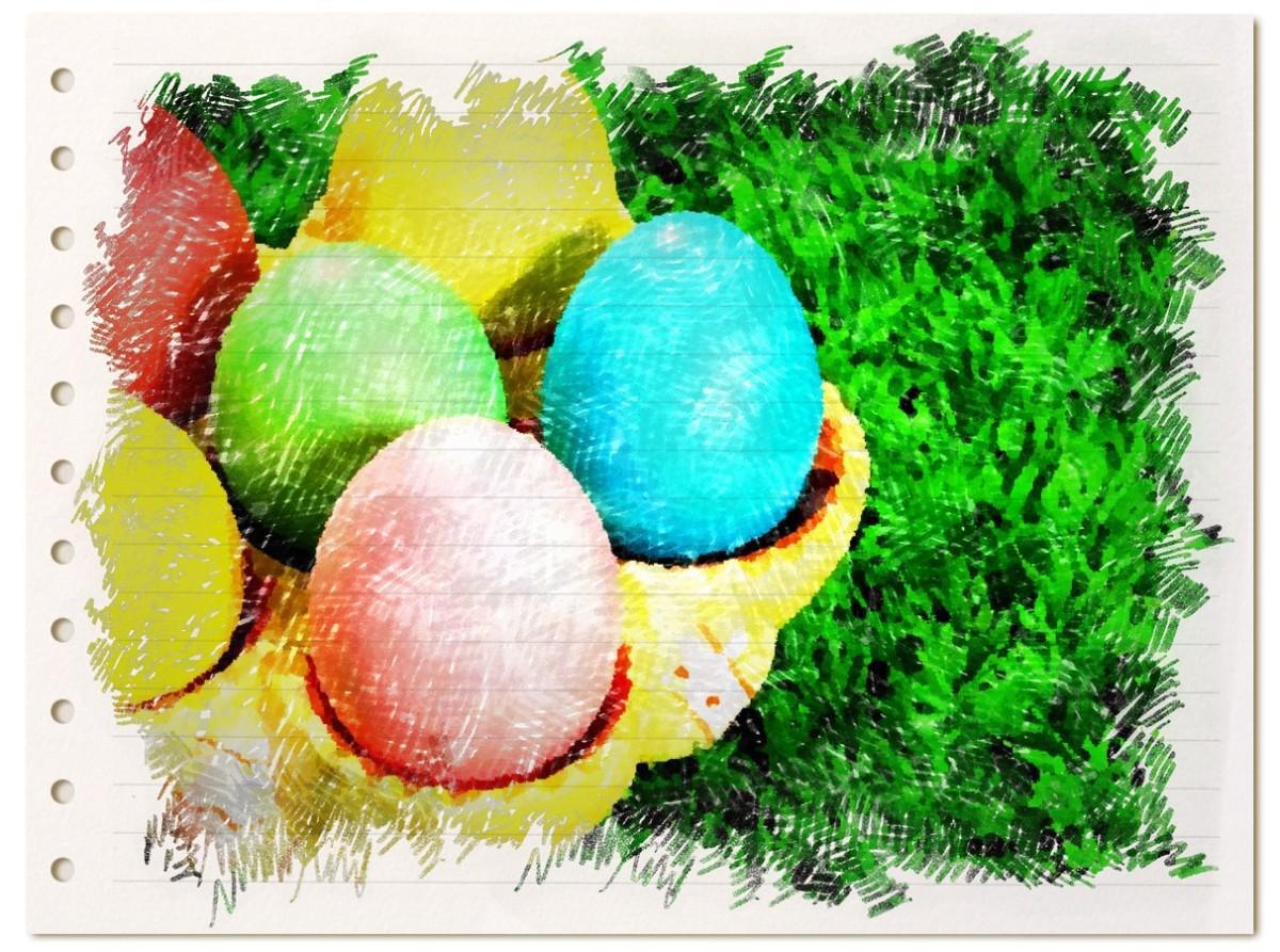 Easter eggs in a basket edited as if a drawn sketch