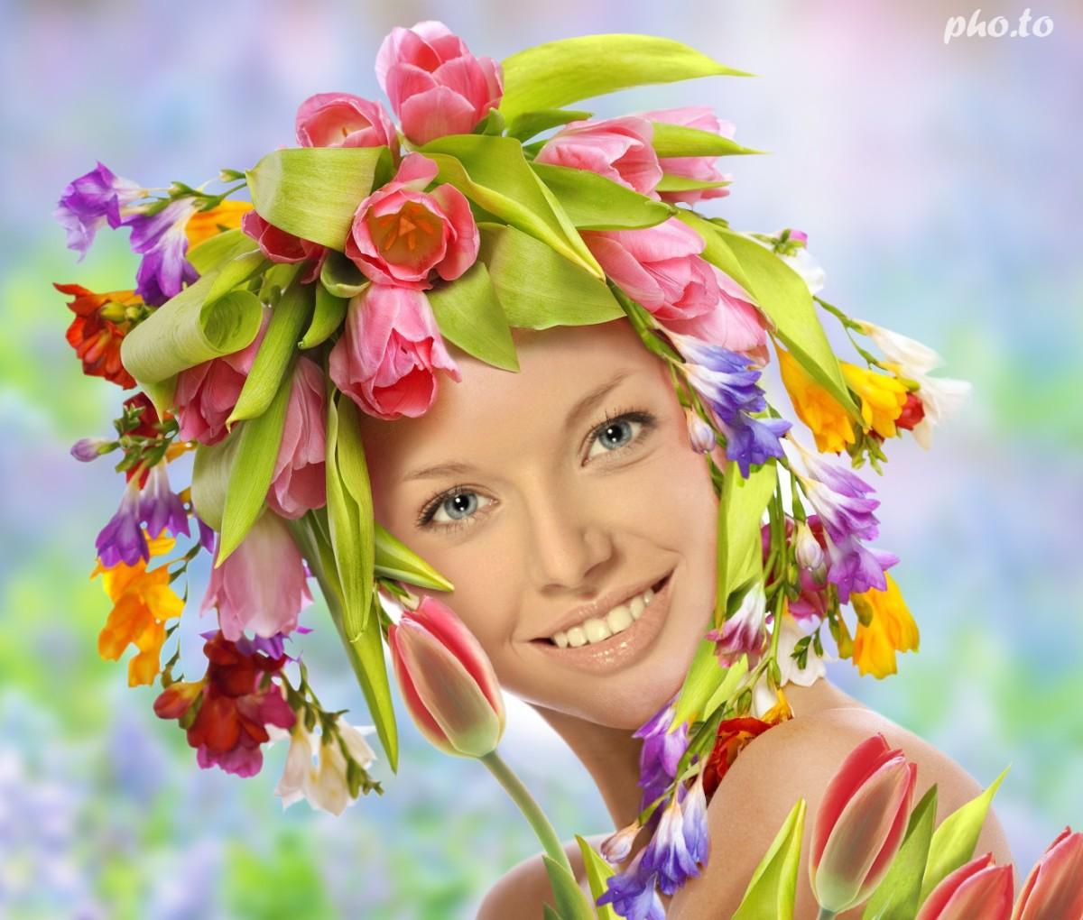 A girl wearing beautiful wreath of spring flowers