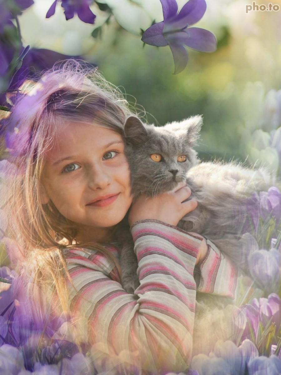 A girl holding cat, photo is framed  with spring photo template