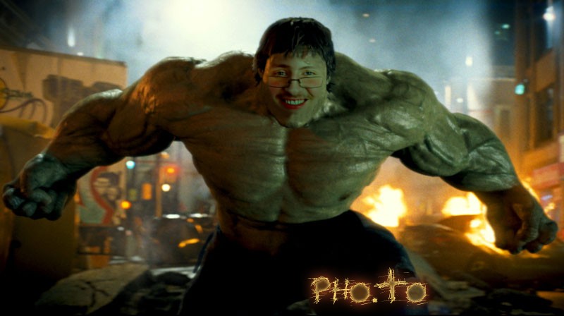 A Hulk template is used to make a face in hole image with a young guy