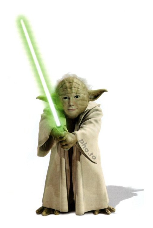 A Star Wars template is applied to a photo of a young boy to make a face in hole image of Jedi Yoda