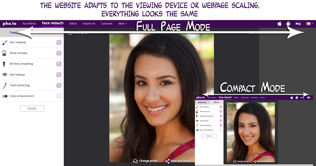 Adaptive web design implemented by an online face and skin retouch service