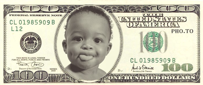 This photo template adds your face to a 100 dollar bill