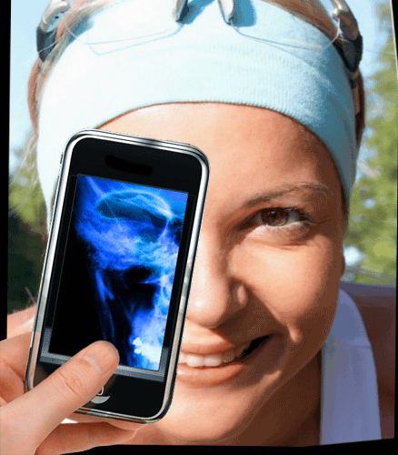 This funny animated effect lets you make a gif. picture where somebody scans person's brains with a mobile phone