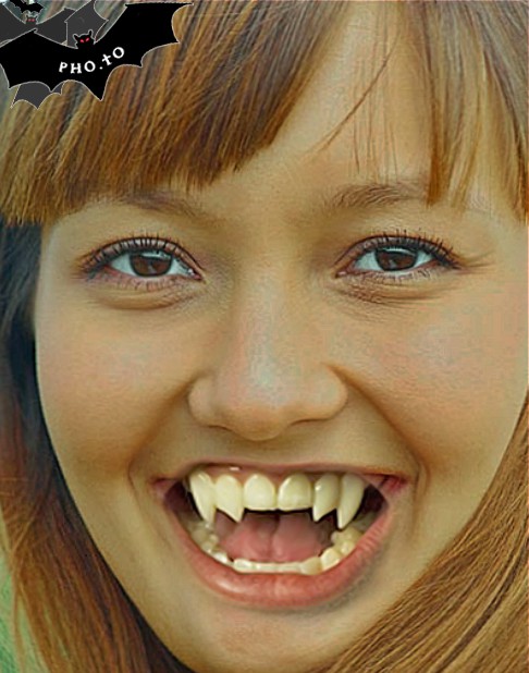 This Halloween vampire effect turns a person into a vampire with white fake vampire fangs