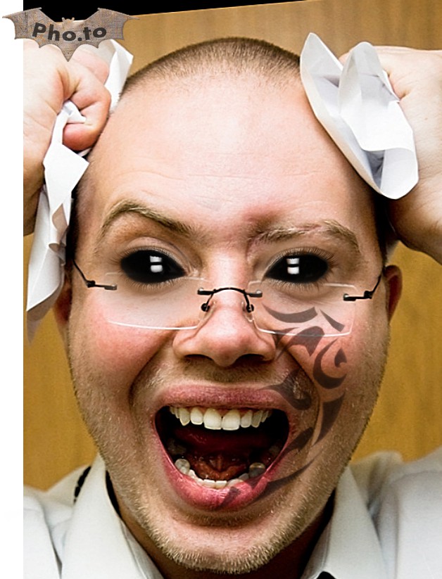 This funny and scarry Halloween photo template turns a person into an alien with black eyes and tattooed skin