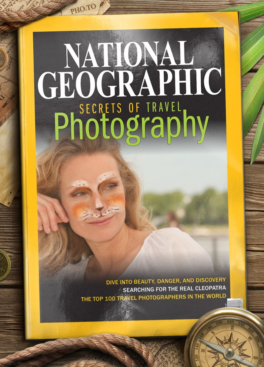 A portrait photo of attractive blonde woman was used as a cover photo with the help of a fake magazine cover template