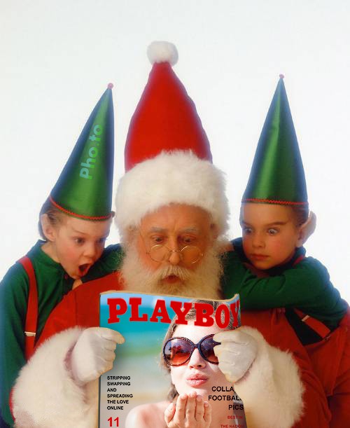 A funny photo template for girls with Santa Claus and Christmas elves looking at a fake Playboy magazine