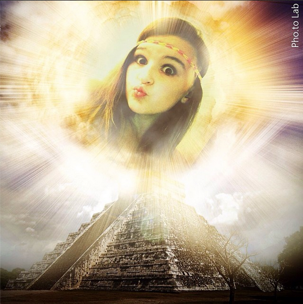 A funny realistic collage where a girl becomes a goddess of an ancient pyramid