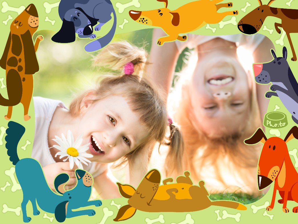 A green photo frame with cartoon dogs is applied to a photo of two cheerful children playing outside