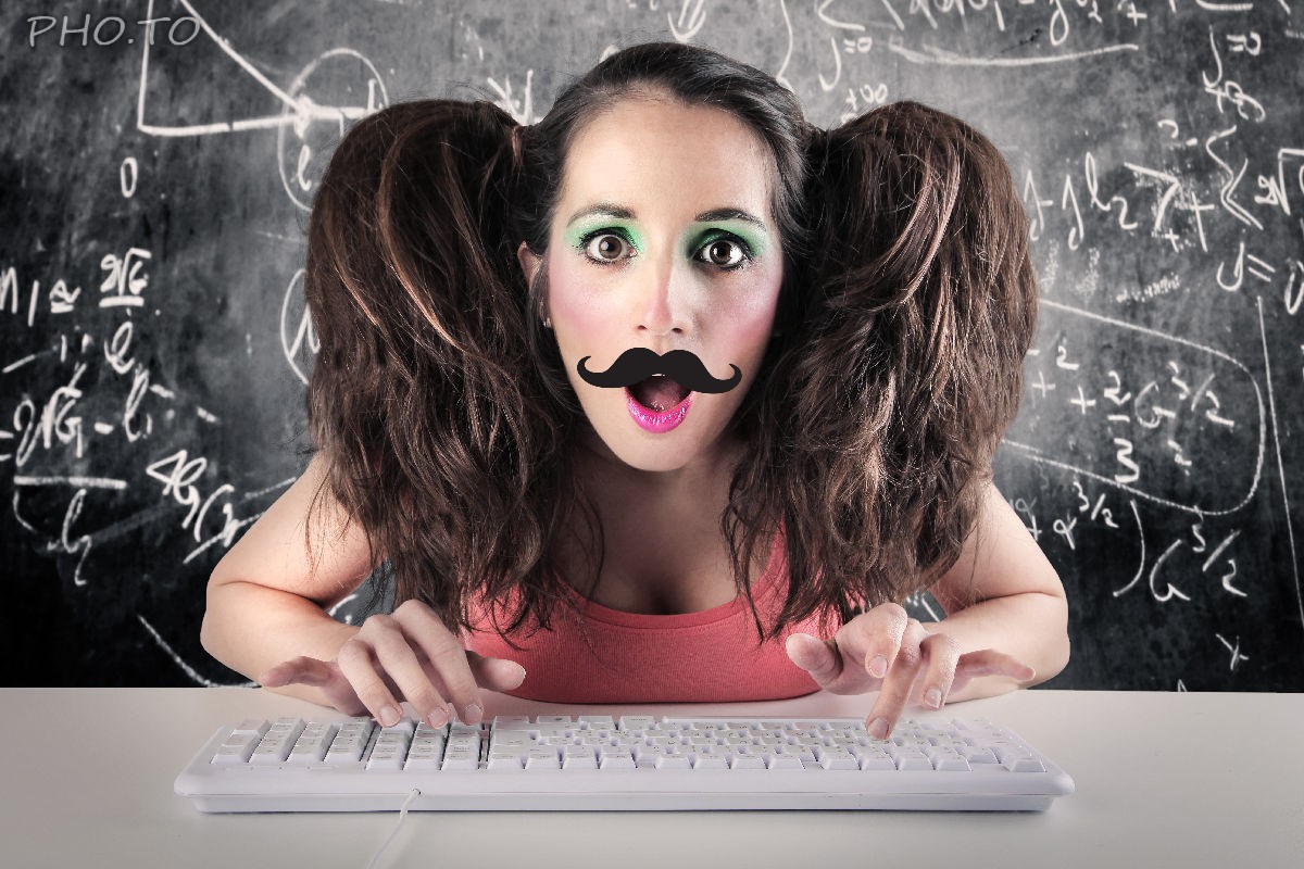 The hipster mustache sticker was added to a photo of a young funny girl