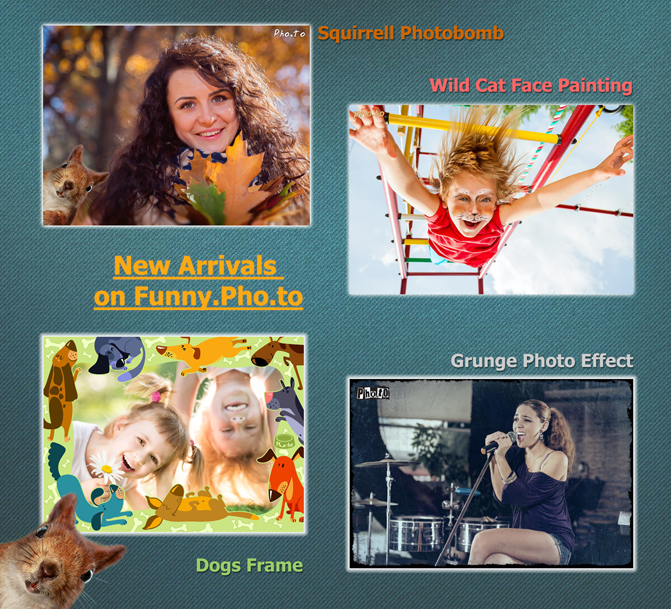 New funny and unusual photo editing effects, frames, photobombs and collages on free online photo editing service Funny.Pho.to