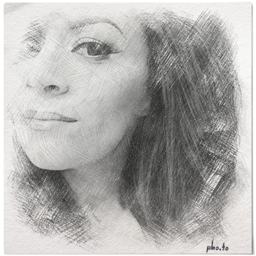 A selfie of a beautiful young brunette turned to pencil sketch with online photo modifier