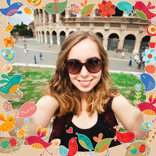 A selfie of a young torist girl framed with stylish photo template